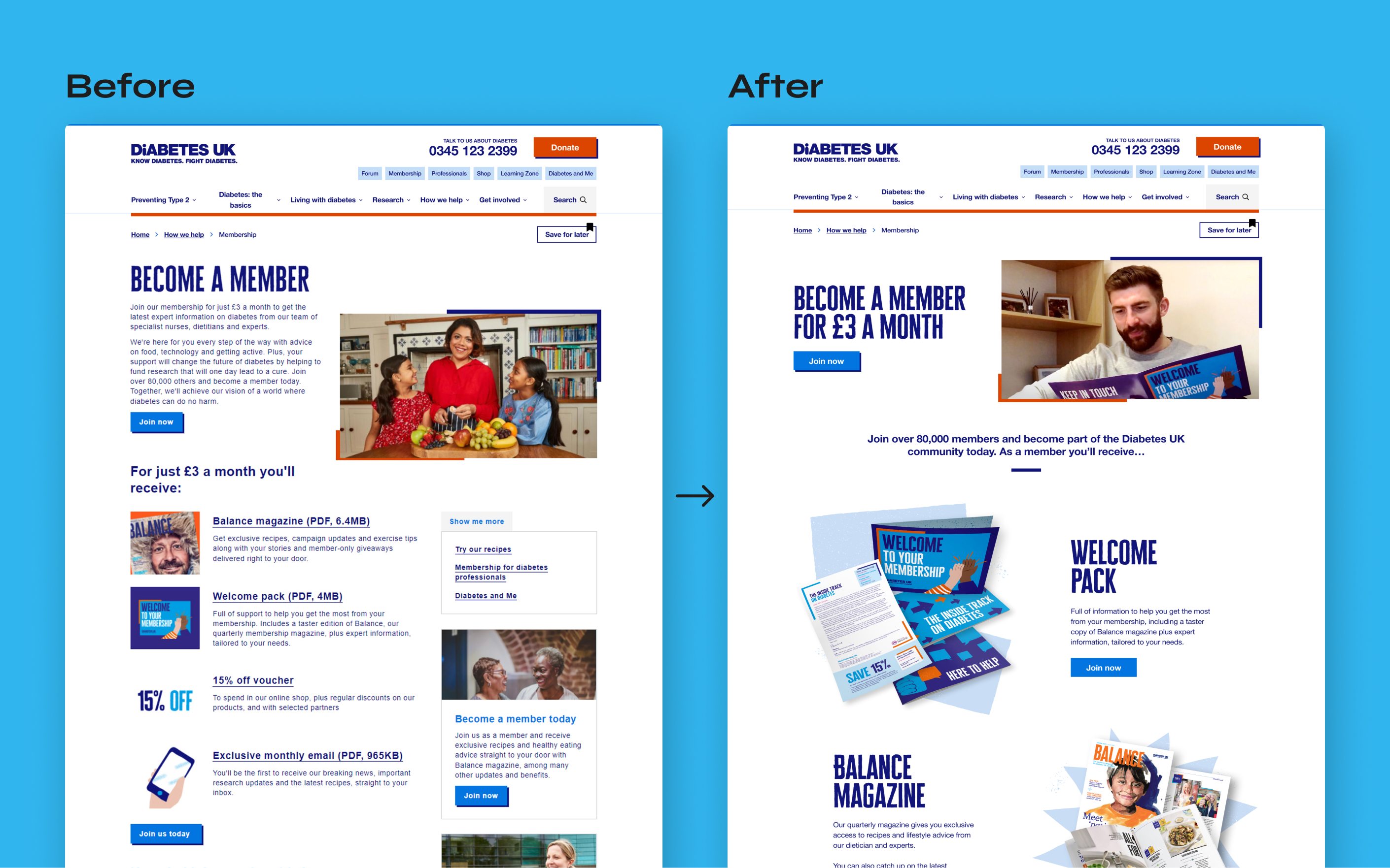 Before and after comparison of Diabetes UK membership webpage redesign showing improved layout and visual design