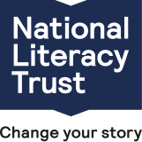National Literacy Trust logo with white text on dark blue background and tagline "Change your story"