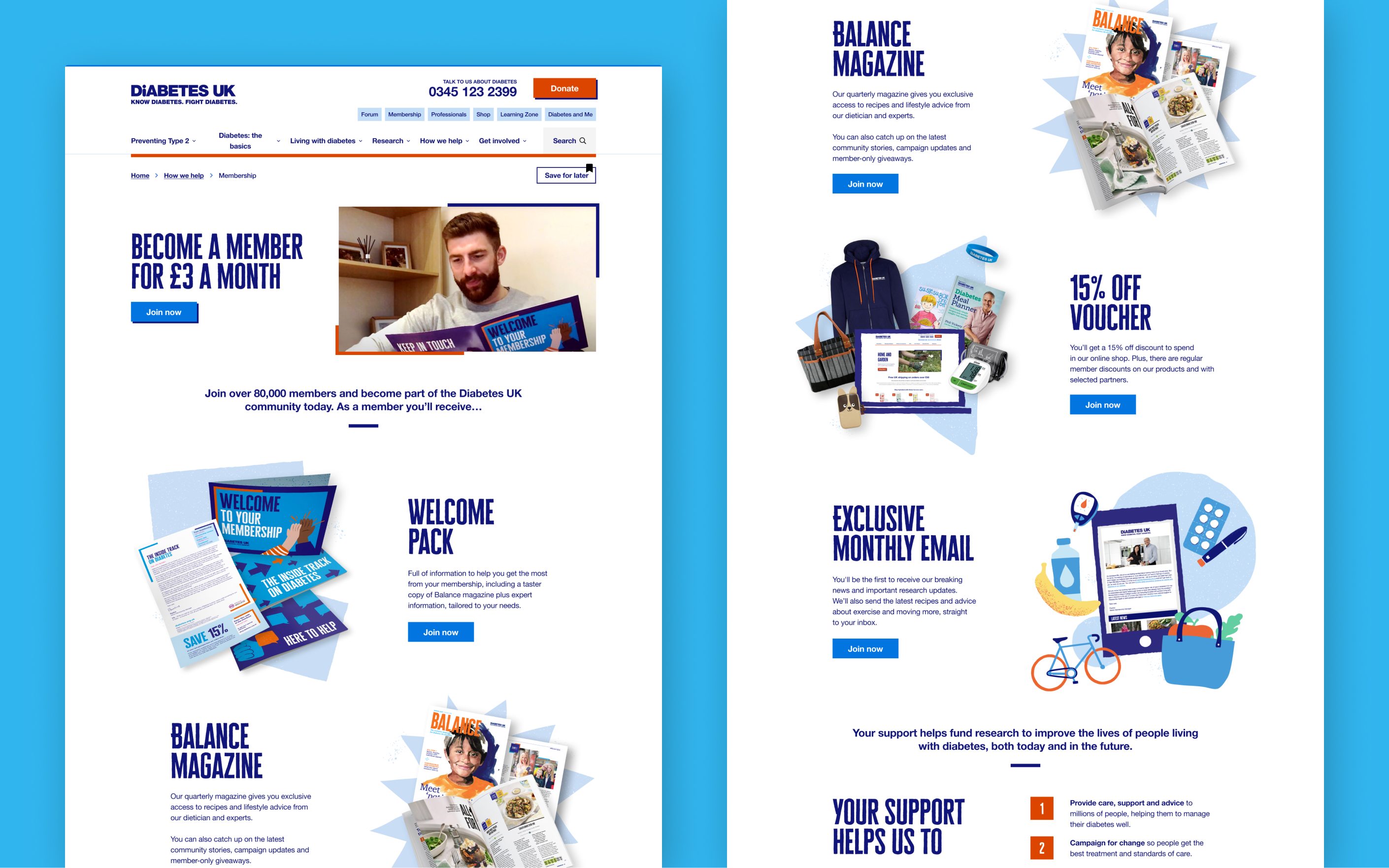 Diabetes UK website membership page showing join for £3 monthly offer with man holding magazine and member benefits