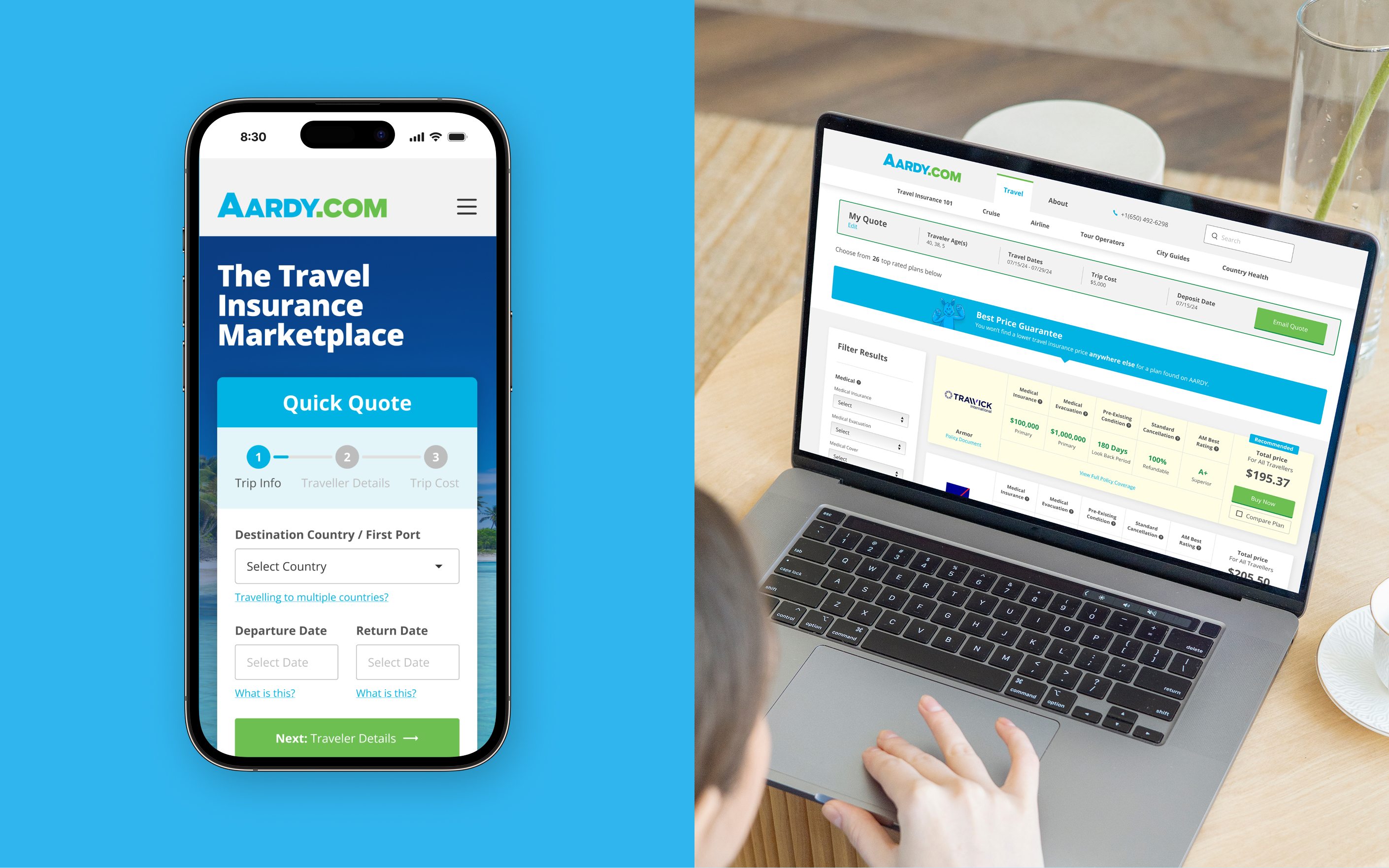 Smartphone and laptop displaying Aardy.com travel insurance marketplace interface with quote forms and results page