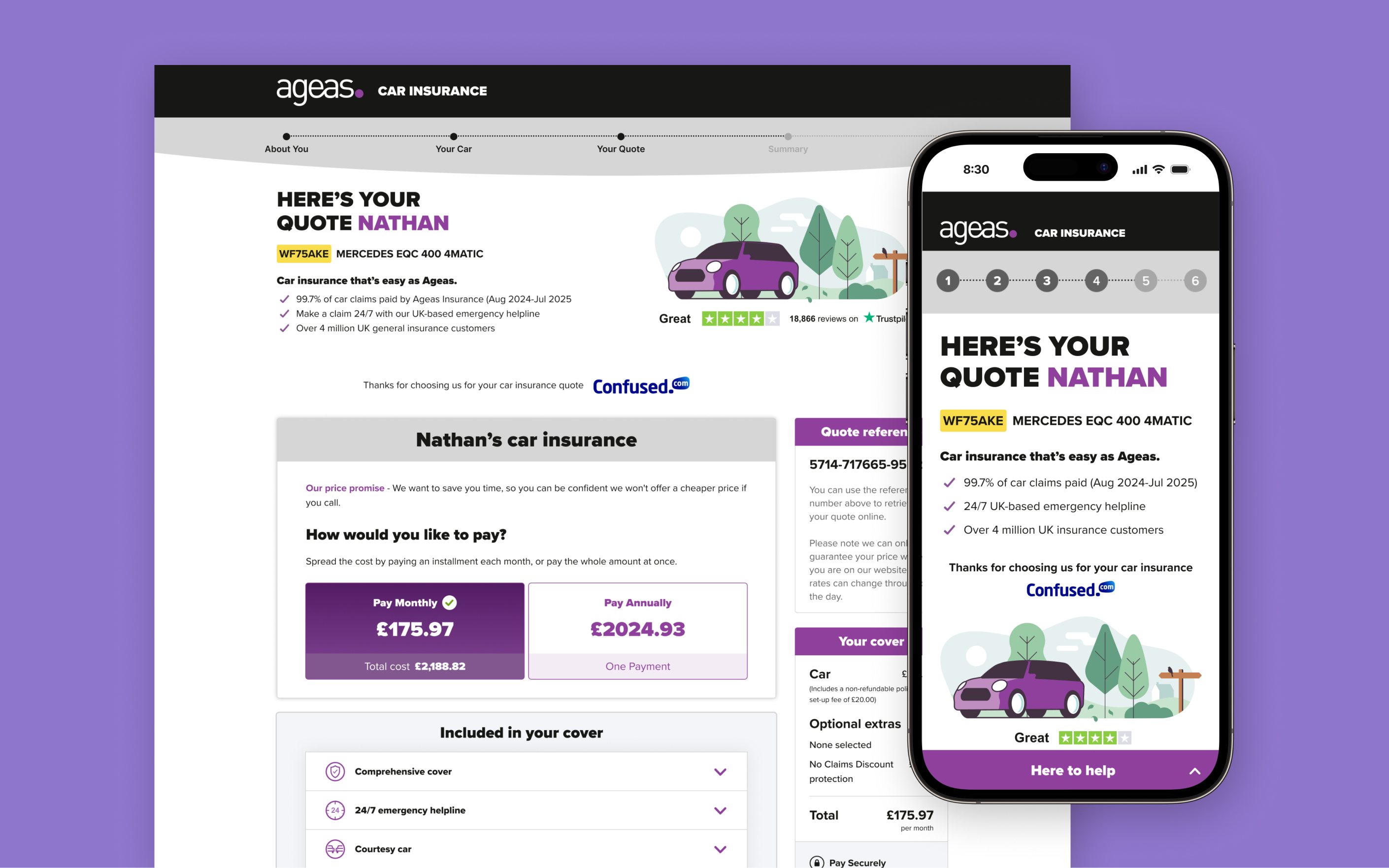 Desktop and mobile screens showing Ageas car insurance quote interface with purple branding and payment options