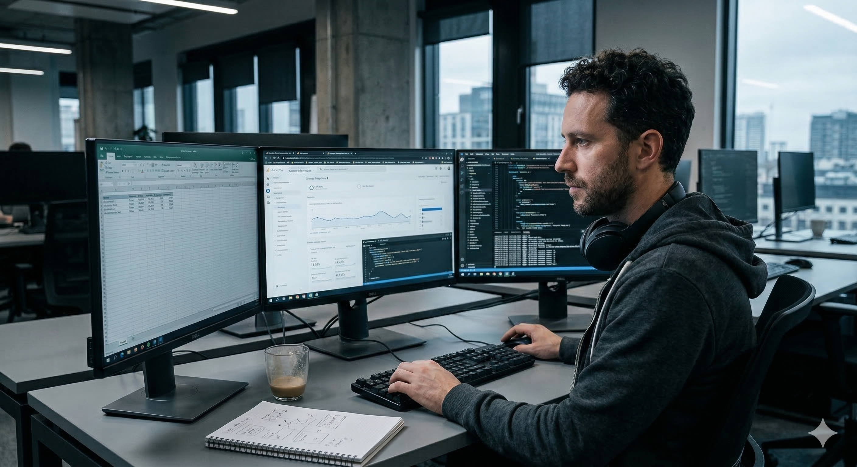 Professional man in gray hoodie working at multiple computer monitors displaying data analytics and code in modern office