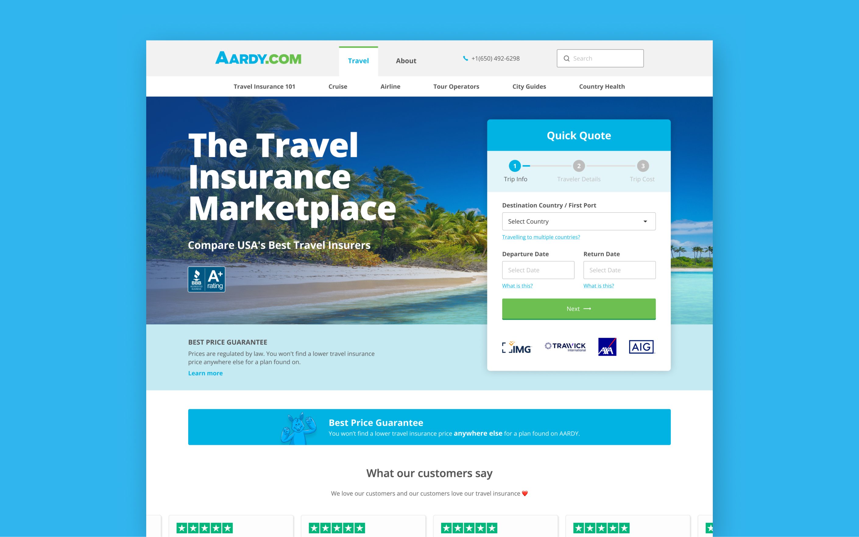 Travel insurance website homepage with tropical beach background and quick quote form featuring destination and date fields