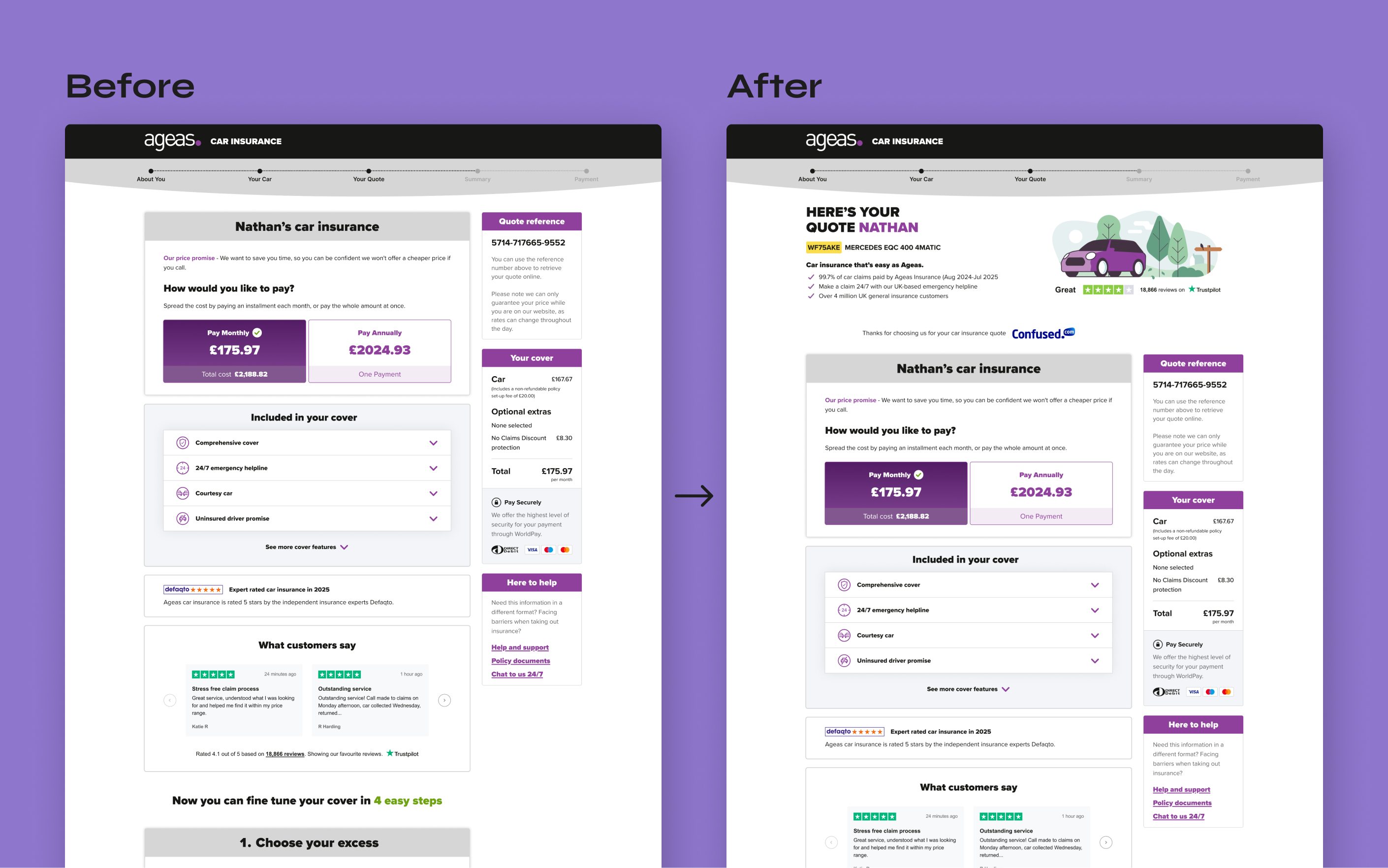 Before and after comparison of Ageas car insurance website showing redesigned quote page with improved layout and visual elements