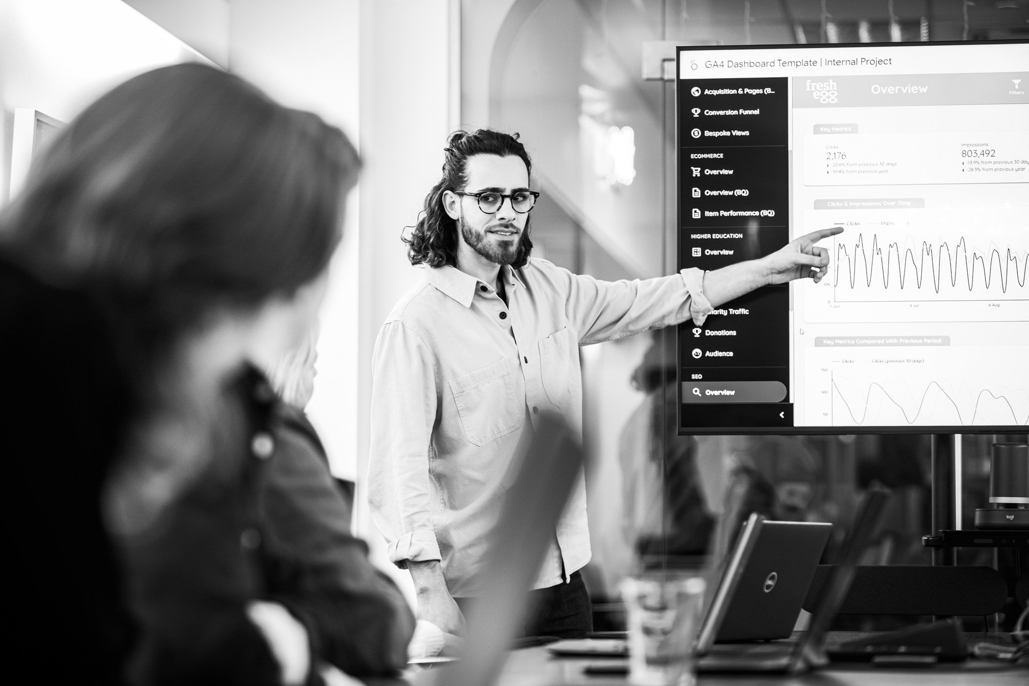Man in glasses presenting data analytics dashboard to colleagues in modern office meeting