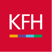KFH logo with white letters on red background and colorful horizontal stripe below