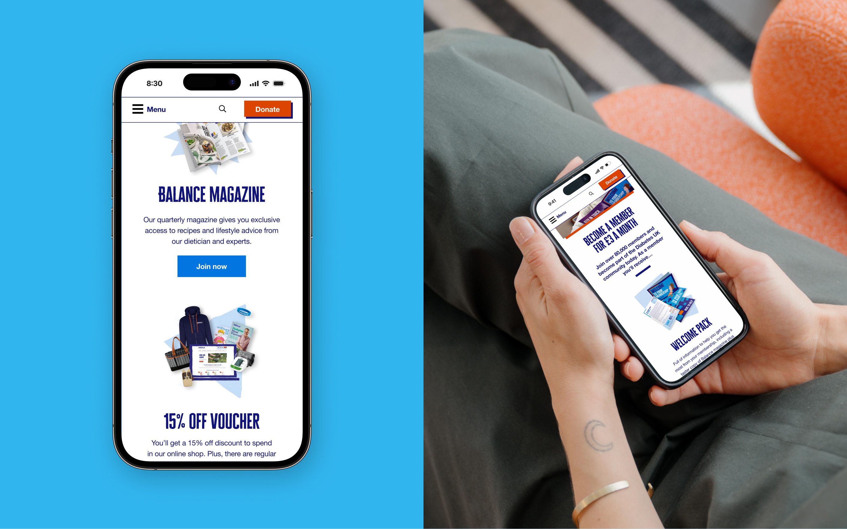 Two mobile phones displaying Diabetes UK membership screens with Balance Magazine and 15% off voucher offers